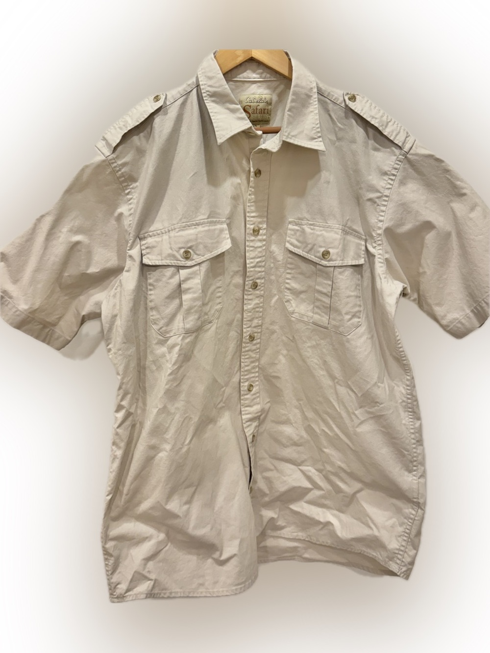 Cabelas Safari Series Mens LG Tall Tan Khaki Short Sleeve Utility Shirt Fishing